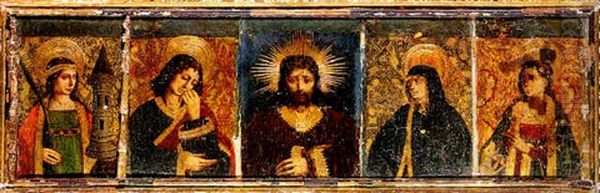 Christ Flanked By Saint Margaret Of Cortona, The Virgin, Saint John And Saint Barbara:a Section Of A Retable - view 1