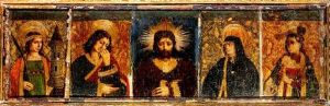 Christ Flanked By Saint Margaret Of Cortona, The Virgin, Saint John And Saint Barbara:a Section Of A Retable by Bartolome (de Cardenas) Bermejo
