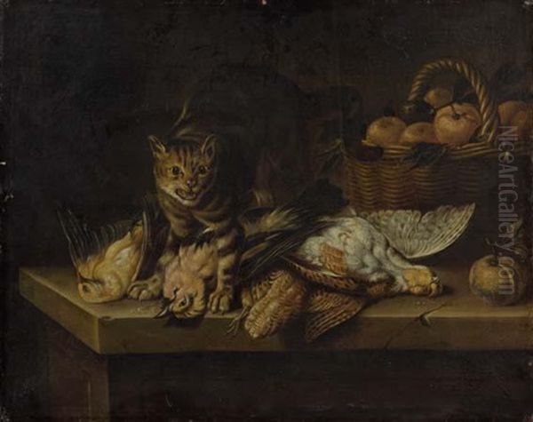 Gibier Et Chat Sur Un Entablement - view 1