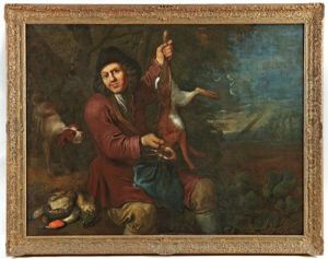 Chasseur Presentant Un Lievre, Entoure De Son Chien Et D'un Trophee De Gibiers