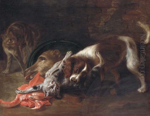 A Spaniel And A Cat Fighting, With Another Cat Looking On - view 1
