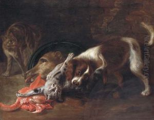 A Spaniel And A Cat Fighting, With Another Cat Looking On A Spaniel And A Cat Fighting, With Another Cat Looking On