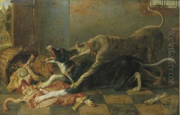 Two Dogs Fighting Over A Dead Ram - view 1