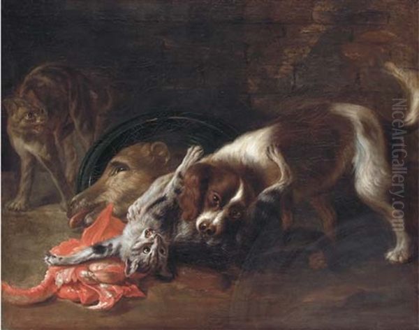 A Spaniel And A Cat Fighting With Another Cat Looking On - view 1