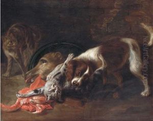 A Spaniel And A Cat Fighting With Another Cat Looking On by Nicasius Bernaerts