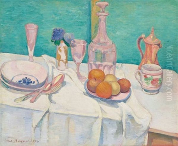 Nature Morte Aux Carafe, Verres, Fruits, Pot D'etain Sur Une Nappe - view 1