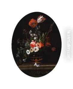 A Still Life Of Flowers On A Stone Balustrade