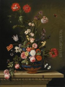 Still Life Of Roses, Tulips, Poppies, Narcissi And Other Flowers In A Lapis Lazuli Vase Resting On A Ledge, With Butterflies And A Beetle by Jacques Samuel Bernard