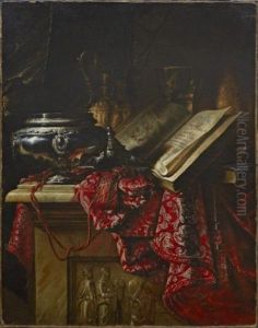 Stilleben Med Bok, Silverskal Och Rod Drapering by Jacques Samuel Bernard