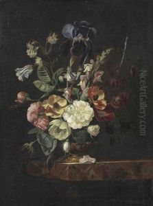 Carnations, Blue Morning Glory, Peony, Irises And Various Other Flowers In A Golden Vase On A Marble Ledge by Jacques Samuel Bernard