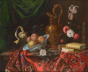 Oranges And Lemons In A Wan-li Kraak Bowl, A Peeled Lemon In A Roemer, With A Rose On A Silver Salver Beside A Chased Silver Gilt Ewer, A Glass Vase Of Flowers And Two Books On A Table by Jacques Samuel Bernard