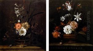 A Tulip, A Carnation, A Rose And Other Flowers In A Vase On A Stone Ledge With A Butterfly, A Dragonfly, A Snail And A Ladybird