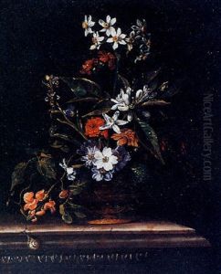 A Still Life Of Flowers In An Ormolu Mounted Copper Vessel, With A Snail And A Butterfly, All On A Marble Ledge