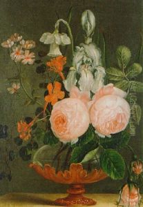 A Still Life Of An Iris, Roses, A Narcissus And Other Flowers In An Ormulu-mounted Glass Vase On A Stone Ledge
