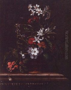 Still Life Of Flowers In An Ormulu Mounted Copper Vessel, A Sanil And A Butterfly All Upon A Marble Frieze