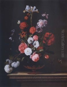 Still Life Of Roses, Irises And Other Flowers In An Ormolu Mounted Glass Vase With Butterflies And A Dragonfly On An Ornamented Stone Ledge