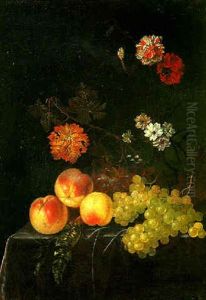 Peaches And Grapes With Carnations And Other Flowers In A Glass Vase On A Draped Ledge by Jacques Samuel Bernard