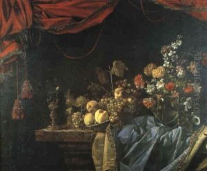 Nature Morte A La Coupe De Peches Et Raisins, Vase De Fleurs Et Roehmer Monte by Jacques Samuel Bernard