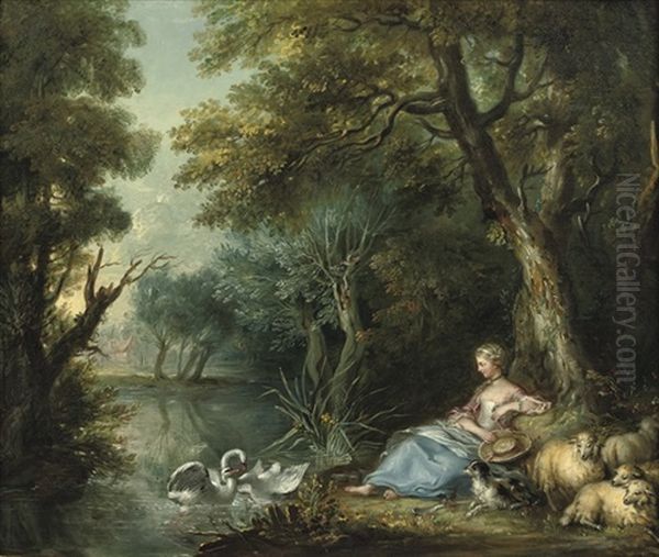 A Pastoral Landscape With A Shepherdess Looking At Swans Playing - view 1