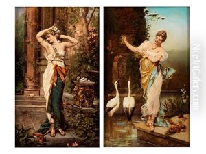 Junges Madchen Mit Zwei Storchen (+ Madchen Sich Blumen Ins Haar Bindend; Pair)