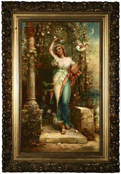 Nymph Before An Arched Garden Trellis With Flowers - view 1