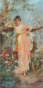 Landschaft Mit Junger, Blumengeschmuckter Frau Und Reh by Joseph Bernard