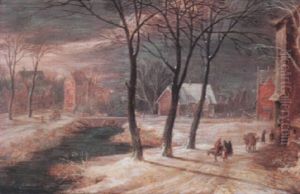 A Village Winter Landscape With Travellers A Village Winter Landscape With Travellers