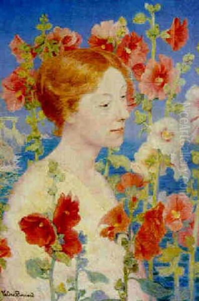 Jeune Fille Aux Fleurs Rouges Avec Un Portique Antique A L'arriere-plan - view 1