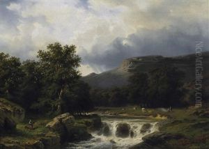 Gebirgsbach Im Schweizer Jura. Auf Den Wiesen Am Ufer Kuhhirten by Joseph Bernardi