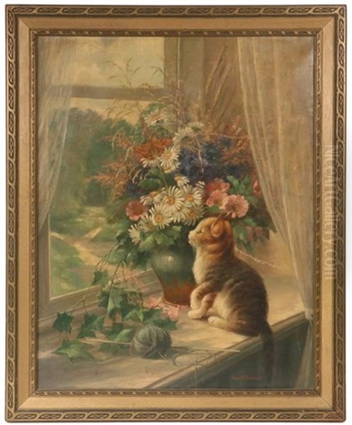 Kitten On Windowsill Stalking A Butterfly In A Wildflower Arrangement - view 1