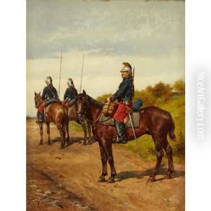 Three Cuirassiers On Horseback by Etienne Prosper Berne-Bellecour