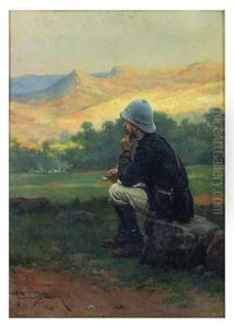 Untitled (solider Lost In Thought Sitting On Rock) by Etienne Prosper Berne-Bellecour