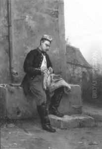 Mending His Uniform by Etienne Prosper Berne-Bellecour
