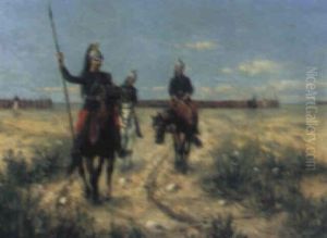 Franska Kavallerister, I Bakgrunden Uppstalld Har by Etienne Prosper Berne-Bellecour