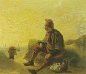 A Fisherman Resting By The Roadside With A Coastal Scene Beyond by Pieter Gerardus Bernhard