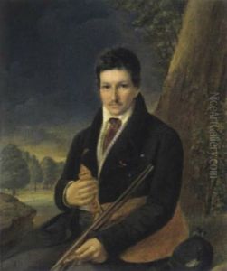Portrait Eines Herrn In Jagdkleiding Vor Einer Landschaft Sitzend by Joseph Bernhardt