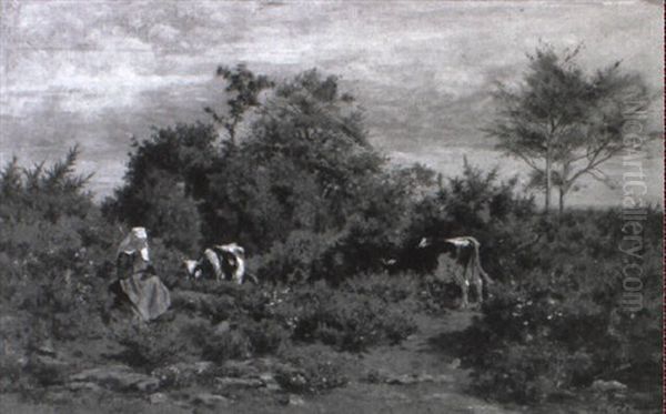 Hirtin Mit Kuhen Auf Der Weide - view 1