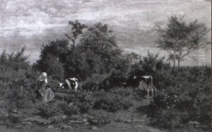 Hirtin Mit Kuhen Auf Der Weide by Camille Bernier