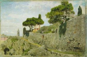 Parkmauer Und Gebaude In Nervi by Edmund Berninger