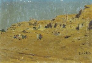 Agyptische Wustenlandschaft Mit Beduinen Im Mittelgrund by Edmund Berninger