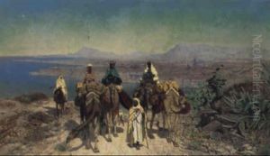 An Arab Caravan In A Coastal Landscape by Edmund Berninger