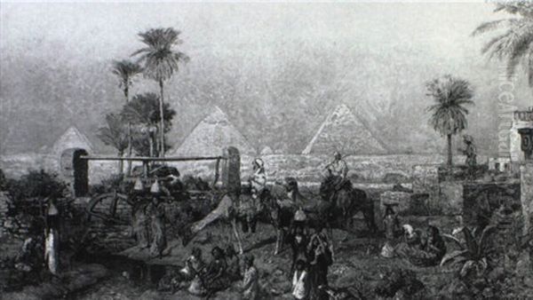 Fetching Water From A Stream, The Pyramids Beyond - view 1