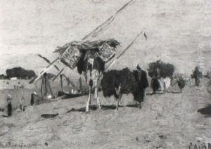 Araber Mit Kamelen Und Maultieren Am Nilufer In Cairo by Edmund Berninger