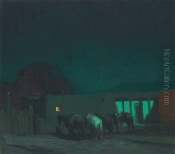 Horses By Adobe Building, Moonlight - view 1