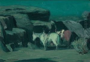 Saddled Horses In Moonlight by Oscar Edmund Berninghaus