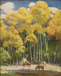 A Camp In The Aspen Forest (a Camp In The Aspens; Autumn Aspens) by Oscar Edmund Berninghaus