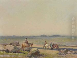 Indians At A Stream Watering Their Horses by Oscar Edmund Berninghaus