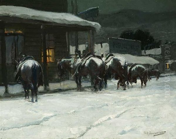 Snow Scene - Horses At Hitching Post - view 1