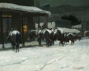 Snow Scene - Horses At Hitching Post by Oscar Edmund Berninghaus