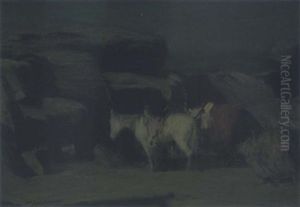 Saddled Horses In Moonlight by Oscar Edmund Berninghaus